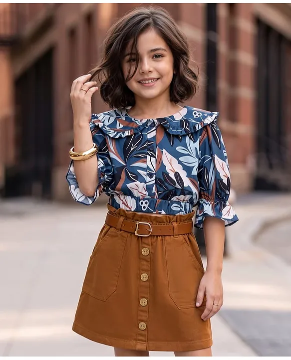 Ollington St. Georgette Woven Set of Woven Printed THree Fourth Sleeves Top & Twill Skirt - Multicolour & Brown